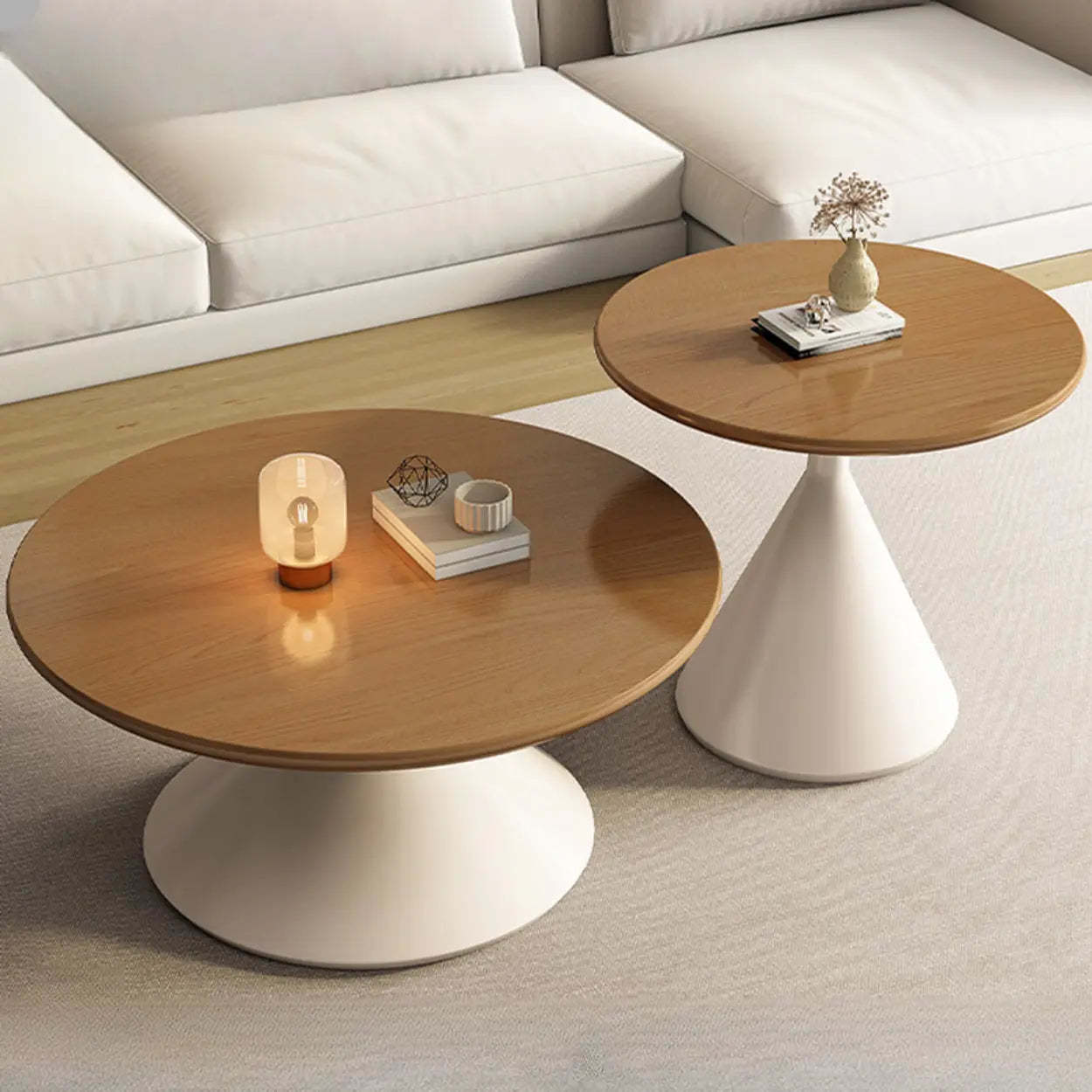 Modern Round Wood Top White Base Coffee Table Set — Black / Black