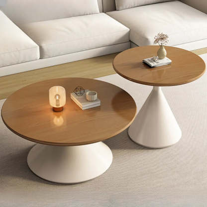 Modern Round Wood Top White Base Coffee Table Set — Black / Black