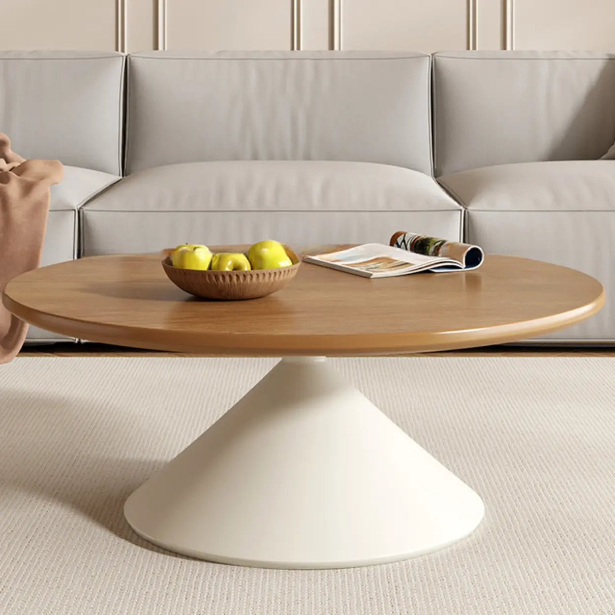 Modern Round Wood Top White Base Coffee Table Set — Black / Natural Finish