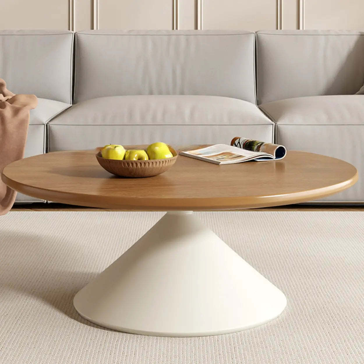 Modern Round Wood Top White Base Coffee Table Set — Black / Natural Finish