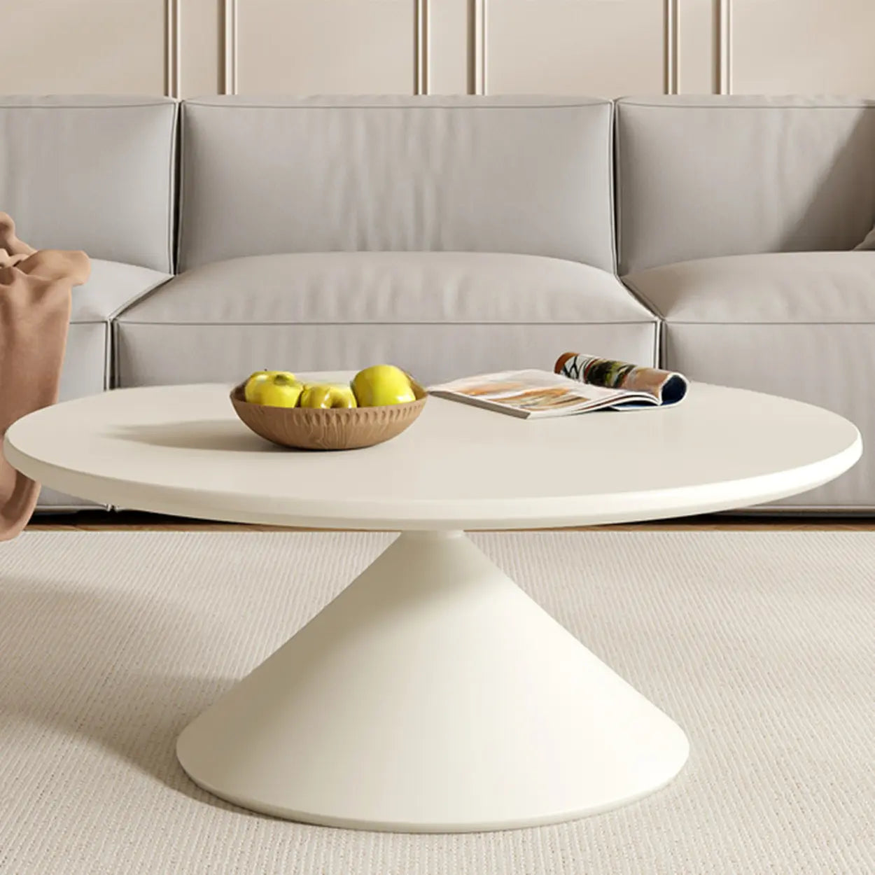 Modern Round Wood Top White Base Coffee Table Set — Black / Black