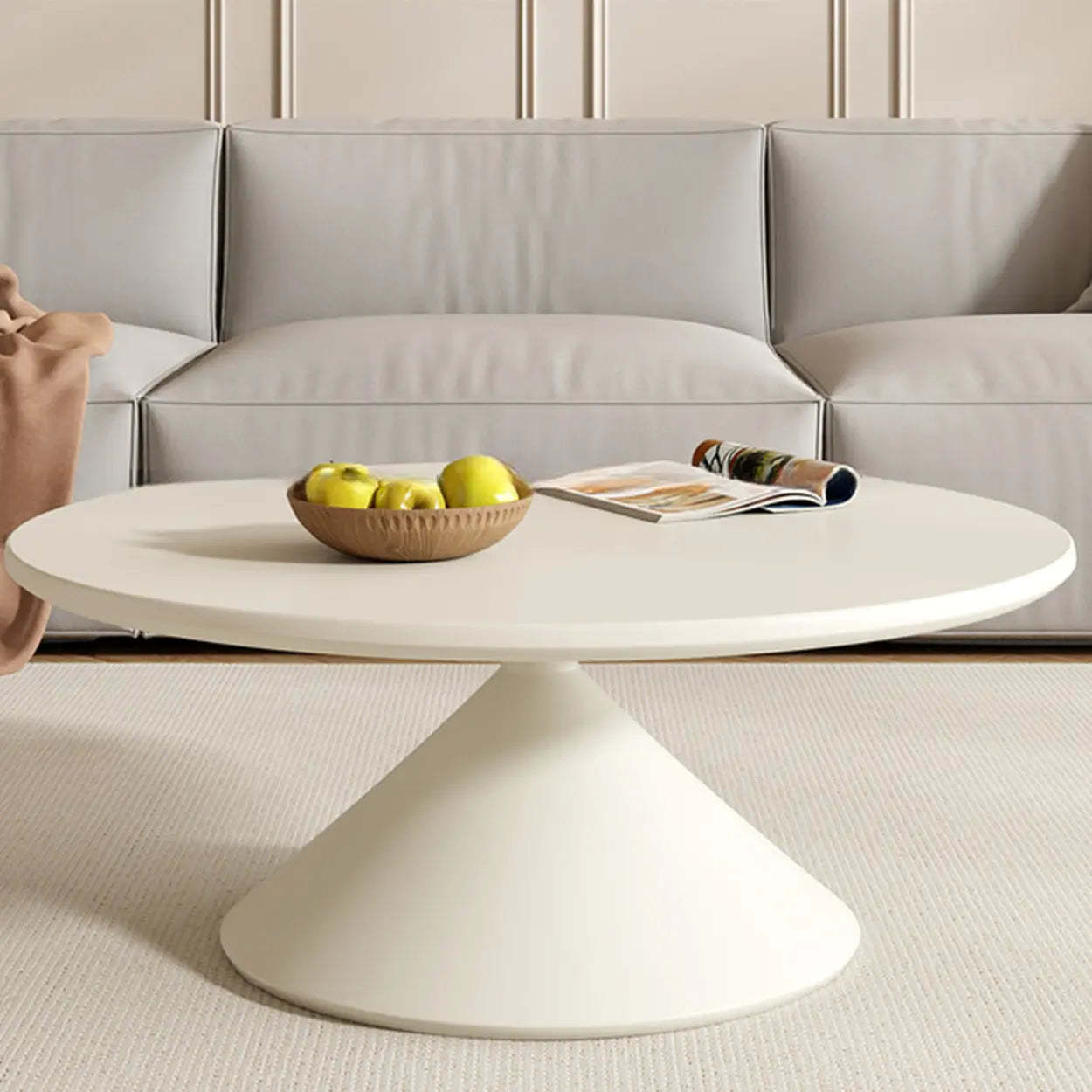 Modern Round Wood Top White Base Coffee Table Set — Black / Black