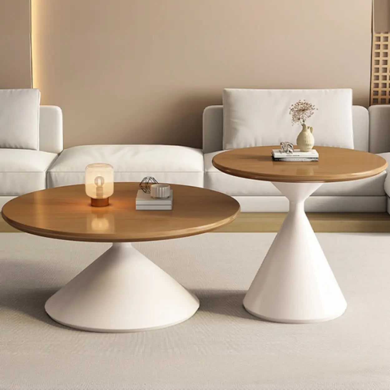 Modern Round Wood Top White Base Coffee Table Set — Black / Natural Finish