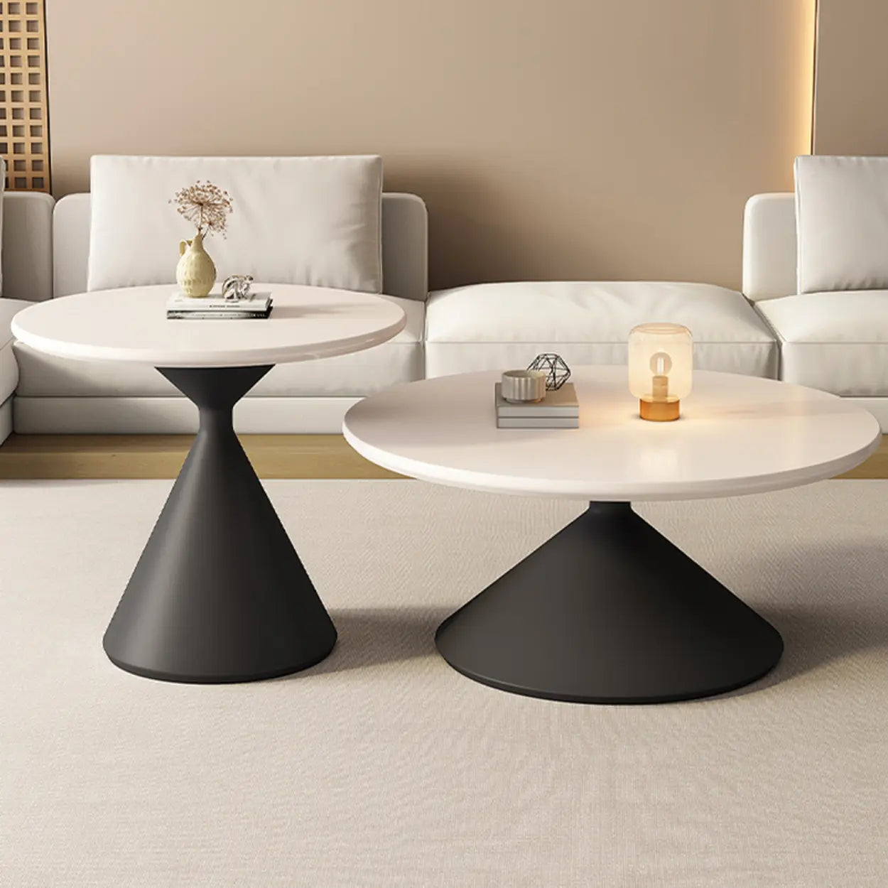 Modern Round Wood Top White Base Coffee Table Set — White / White