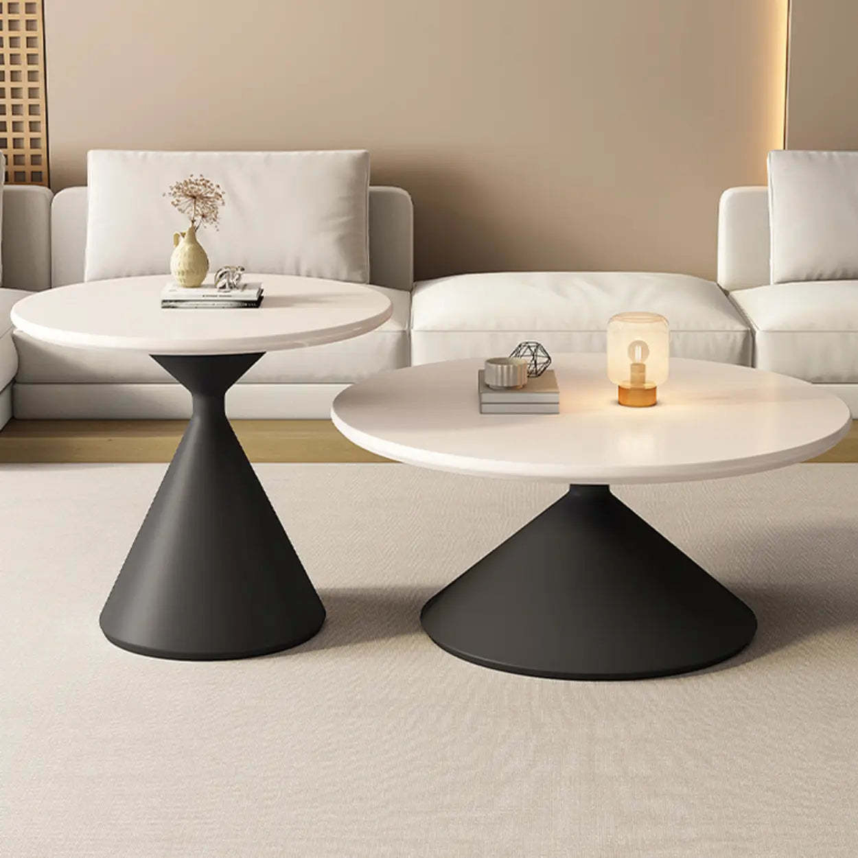 Modern Round Wood Top White Base Coffee Table Set — White / White
