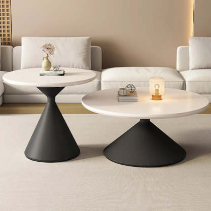 Modern Round Wood Top White Base Coffee Table Set — White / White