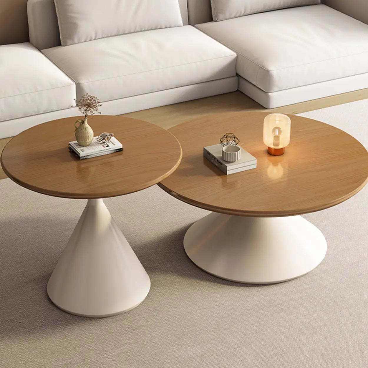 Modern Round Wood Top White Base Coffee Table Set — White / White