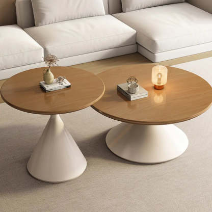 Modern Round Wood Top White Base Coffee Table Set — White / White