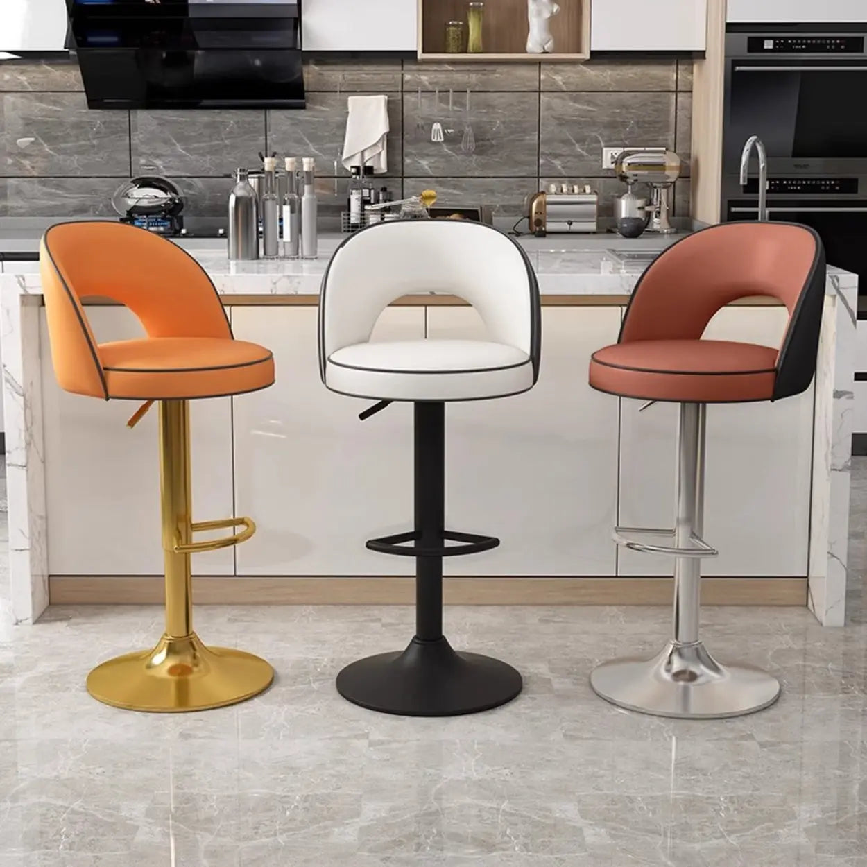 Dark Brown Round Adjustable Swivel Bar Stool — Beige / Black
