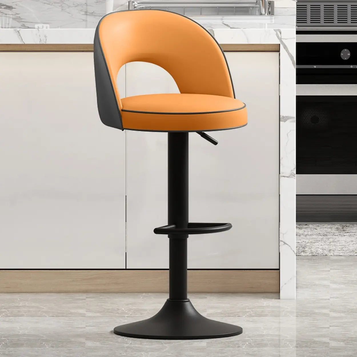 Dark Brown Round Adjustable Swivel Bar Stool — Orange / Silver
