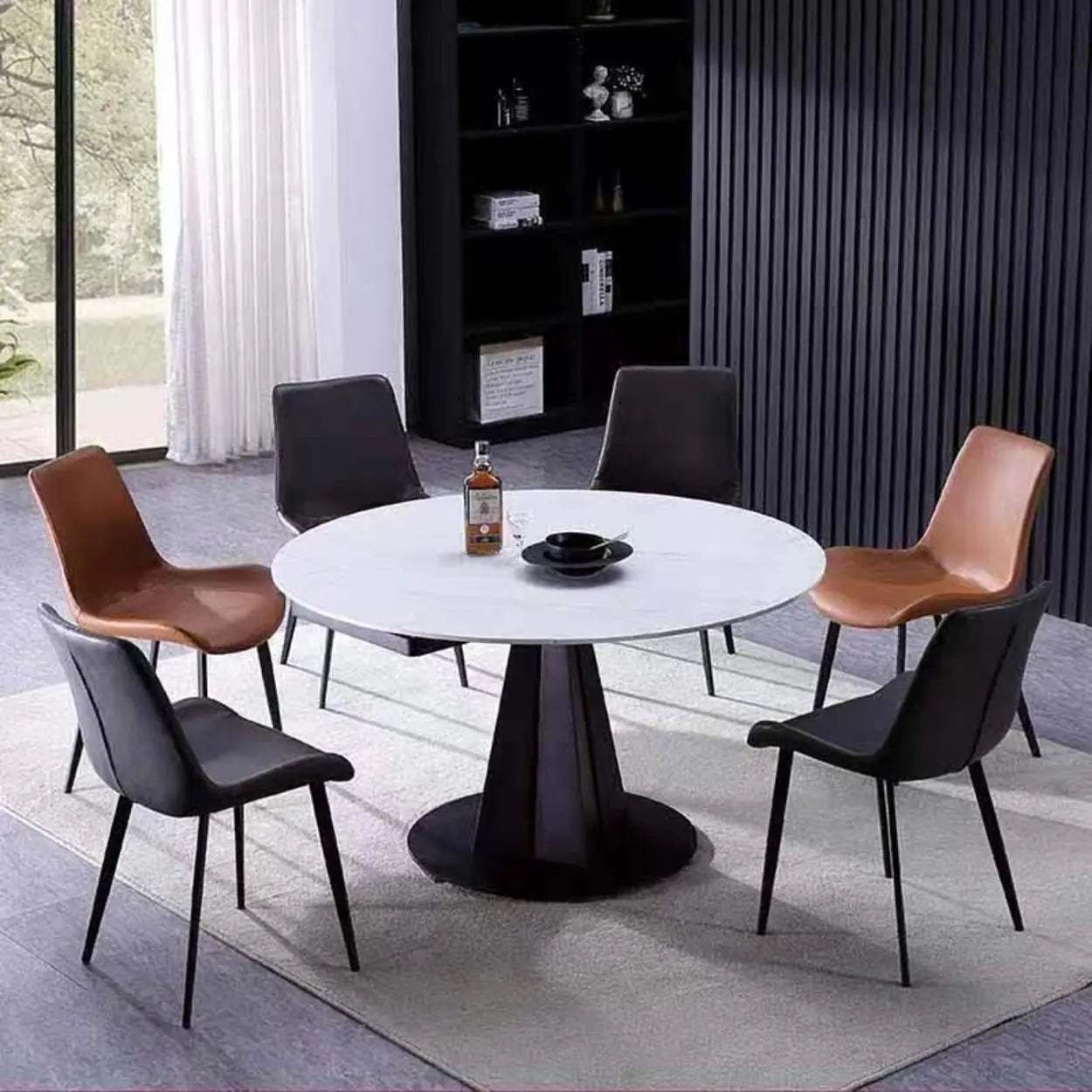 Modern Round Gray Stone Self-Storing Dining Table