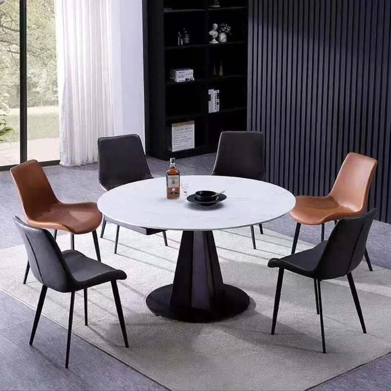 Modern Round Gray Stone Self-Storing Dining Table — White / Table Only