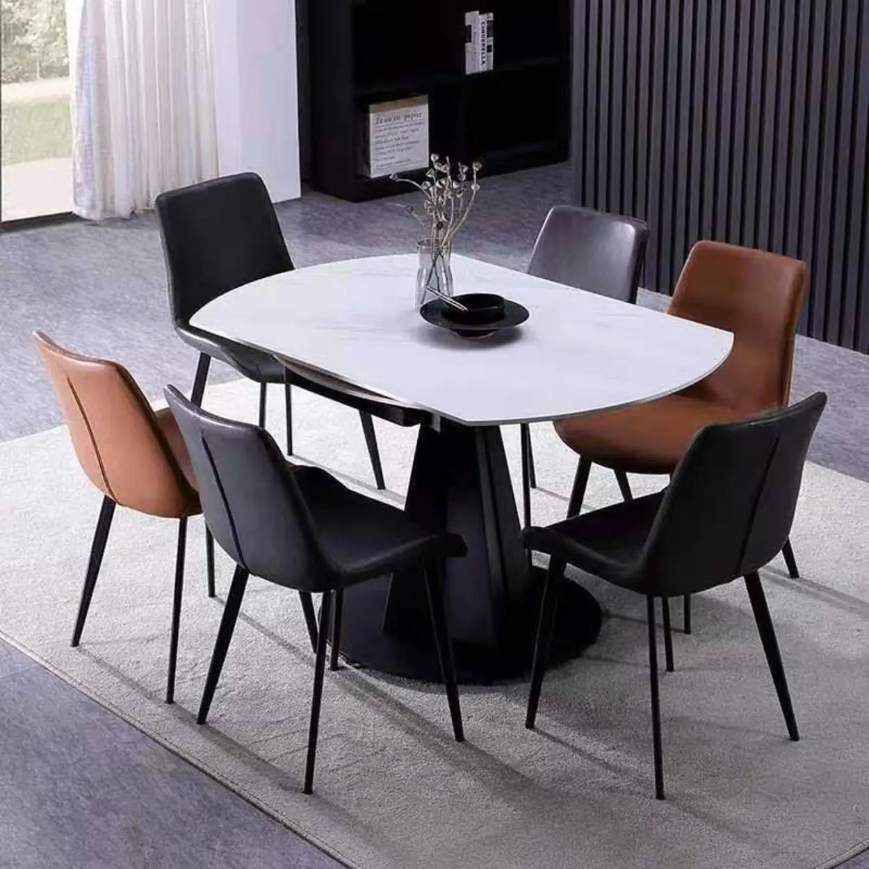 Modern Round Gray Stone Self-Storing Dining Table — White / Table Only
