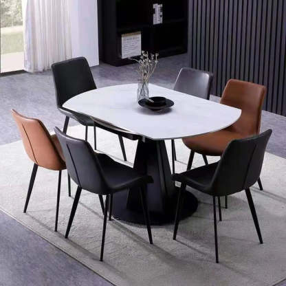 Modern Round Gray Stone Self-Storing Dining Table — White / Table Only