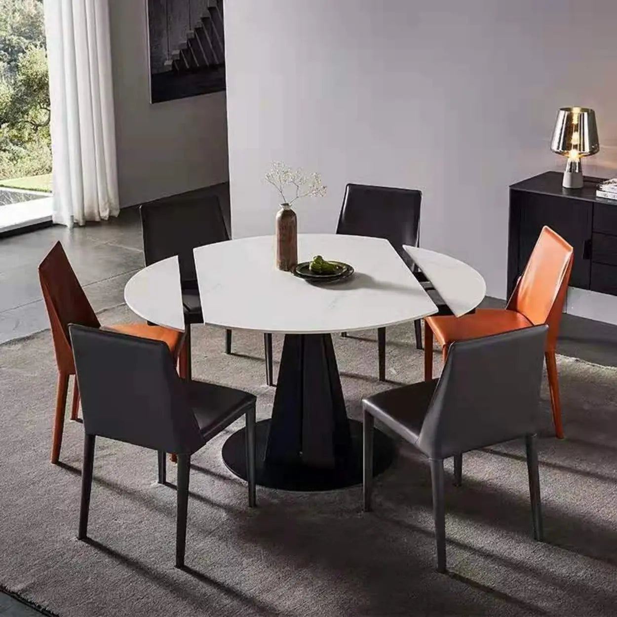 Modern Round Gray Stone Self-Storing Dining Table — White / Table Only