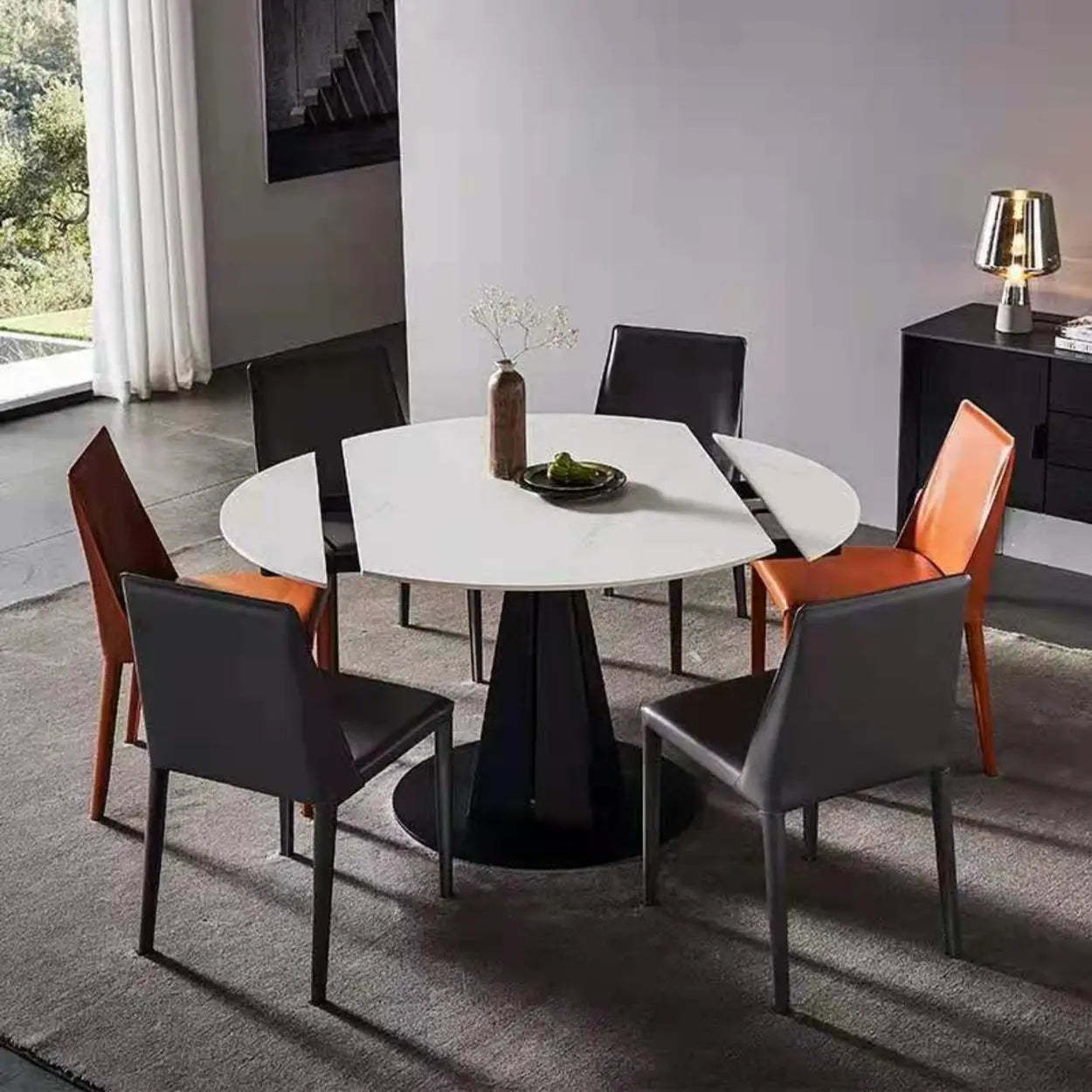 Modern Round Gray Stone Self-Storing Dining Table — White / Table Only