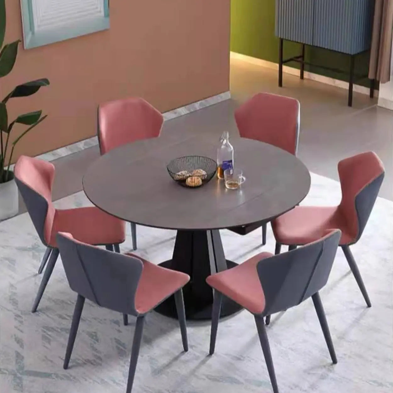 Modern Round Gray Stone Self-Storing Dining Table — Gray / Table Only