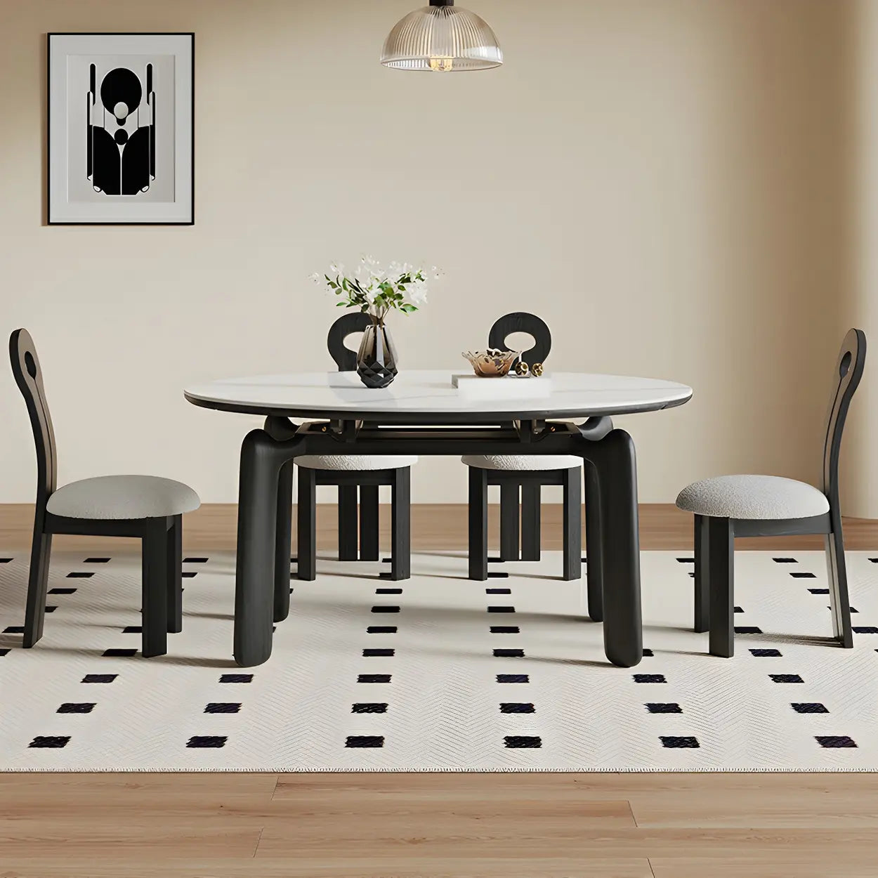 Modern Round Stone Black and White Extendable Dining Table — Table Only