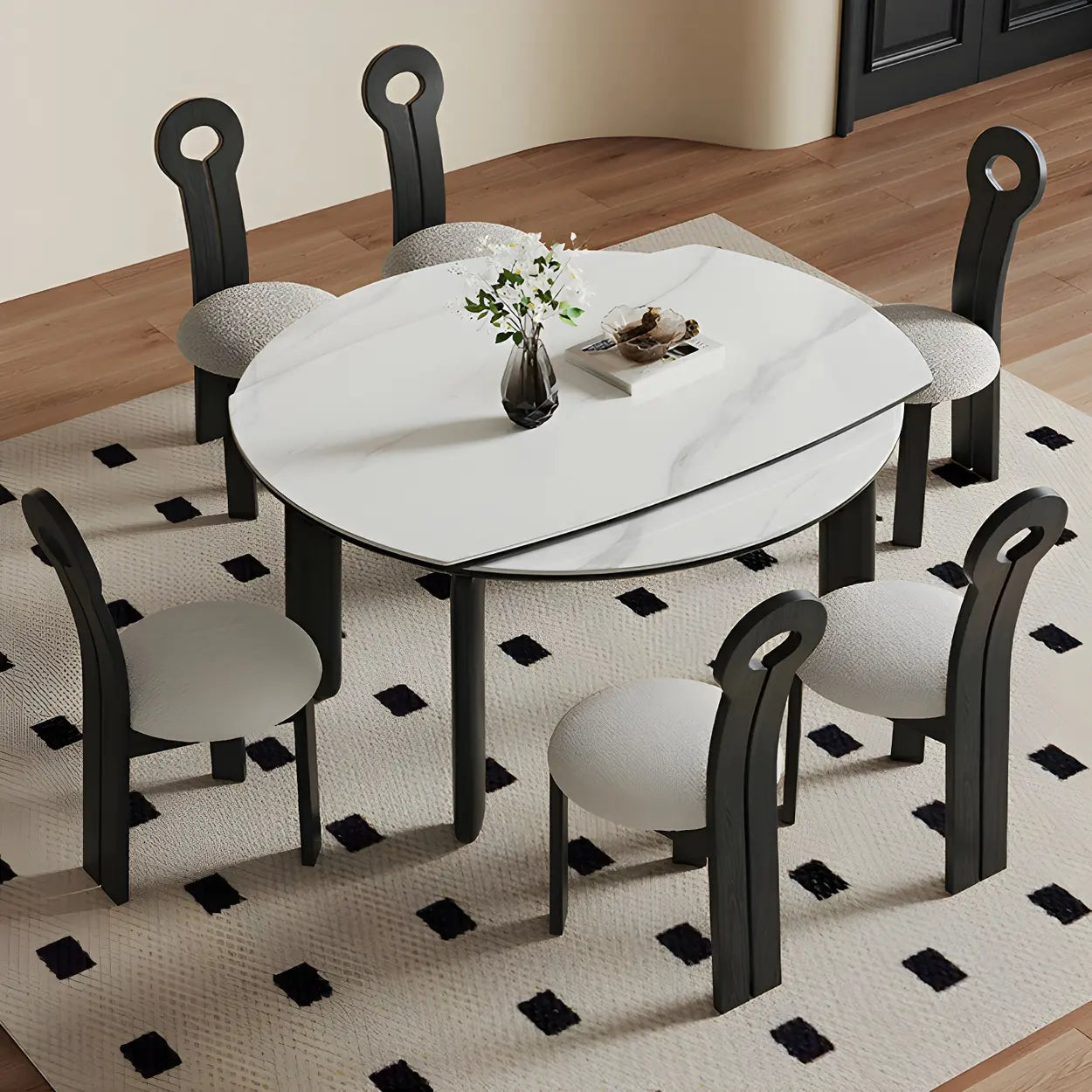 Modern Round Stone Black and White Extendable Dining Table