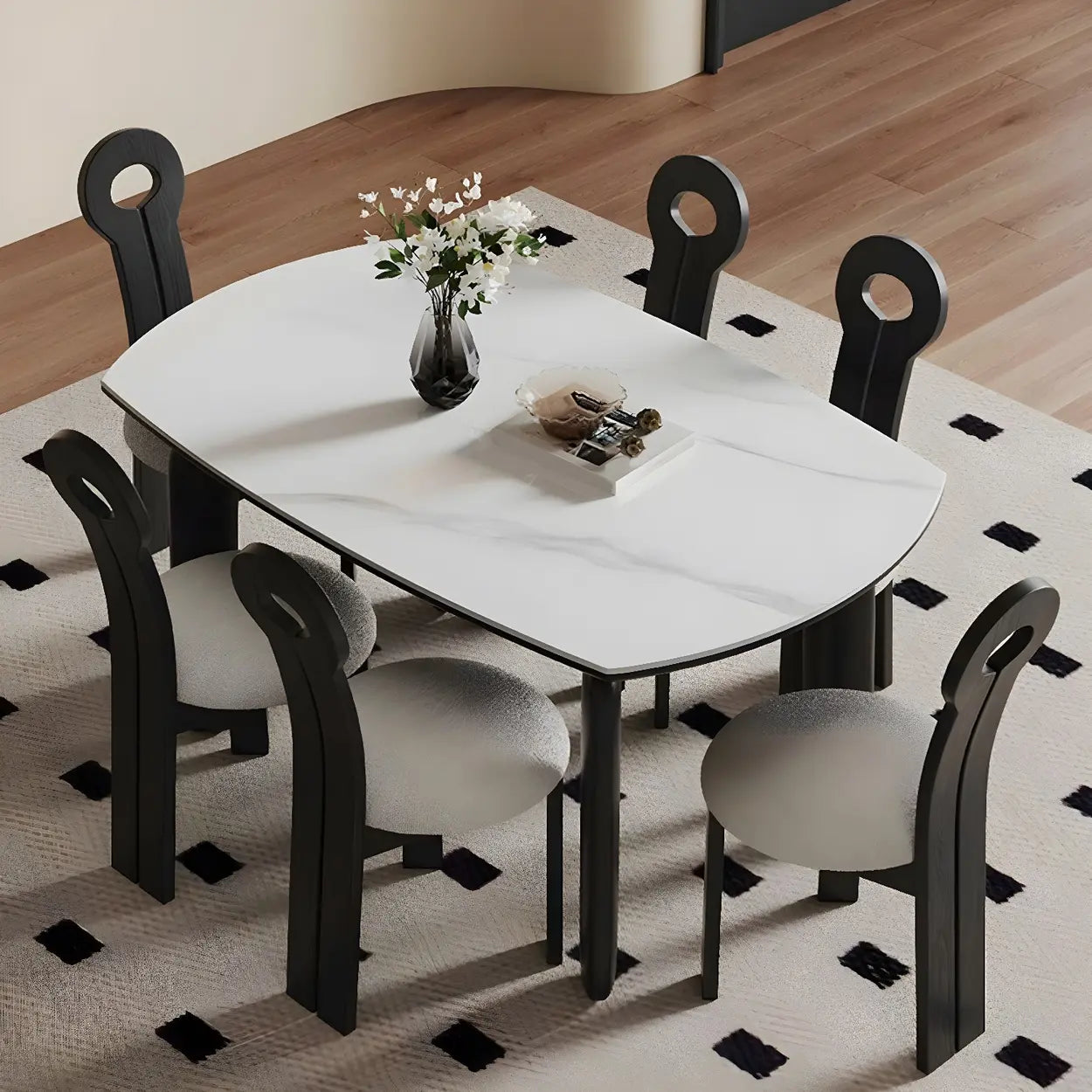 Modern Round Stone Black and White Extendable Dining Table — Table Only