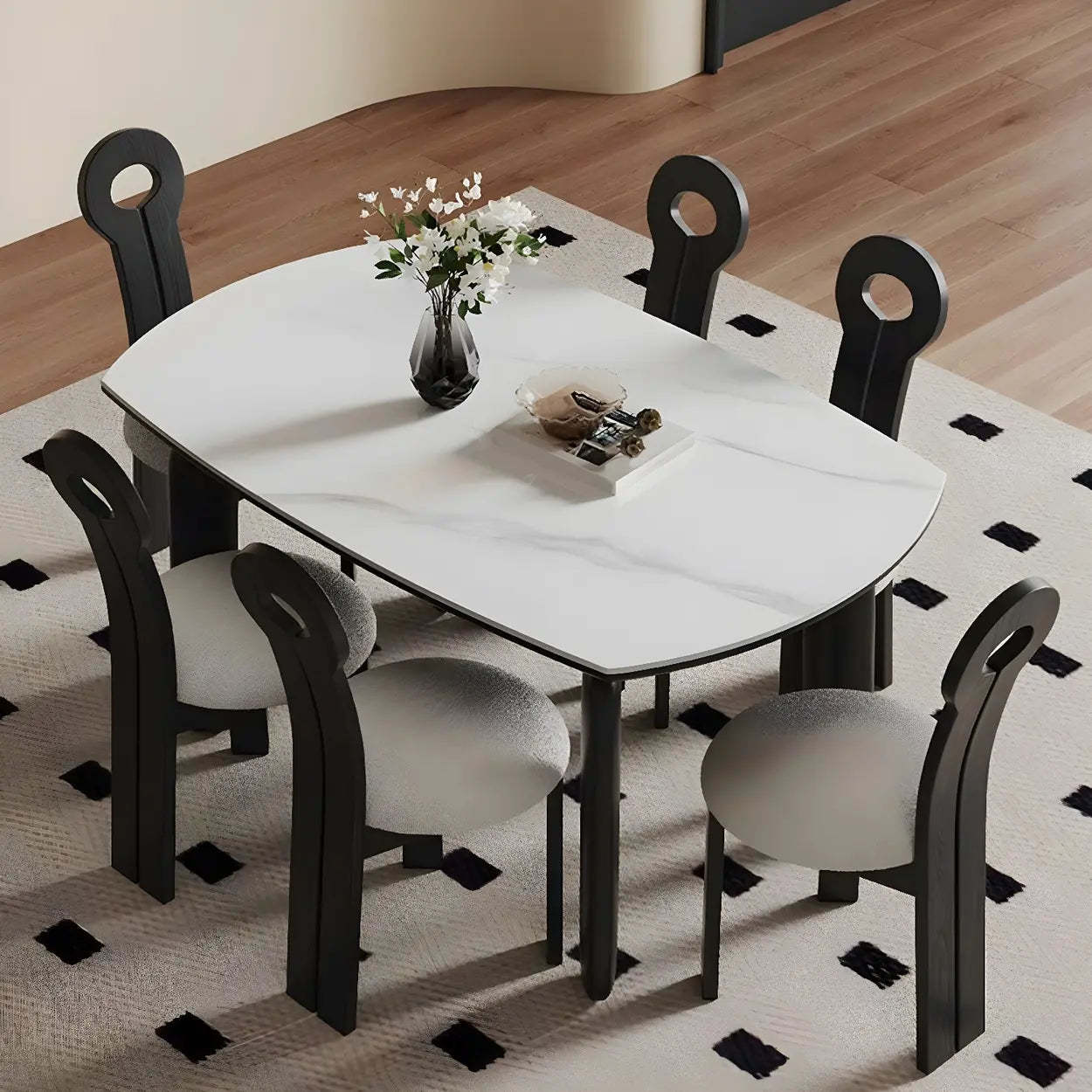 Modern Round Stone Black and White Extendable Dining Table — Table Only