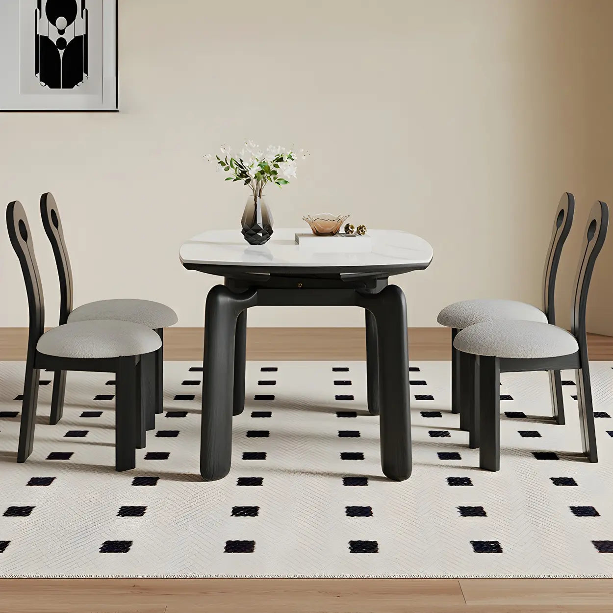 Modern Round Stone Black and White Extendable Dining Table — Table Only