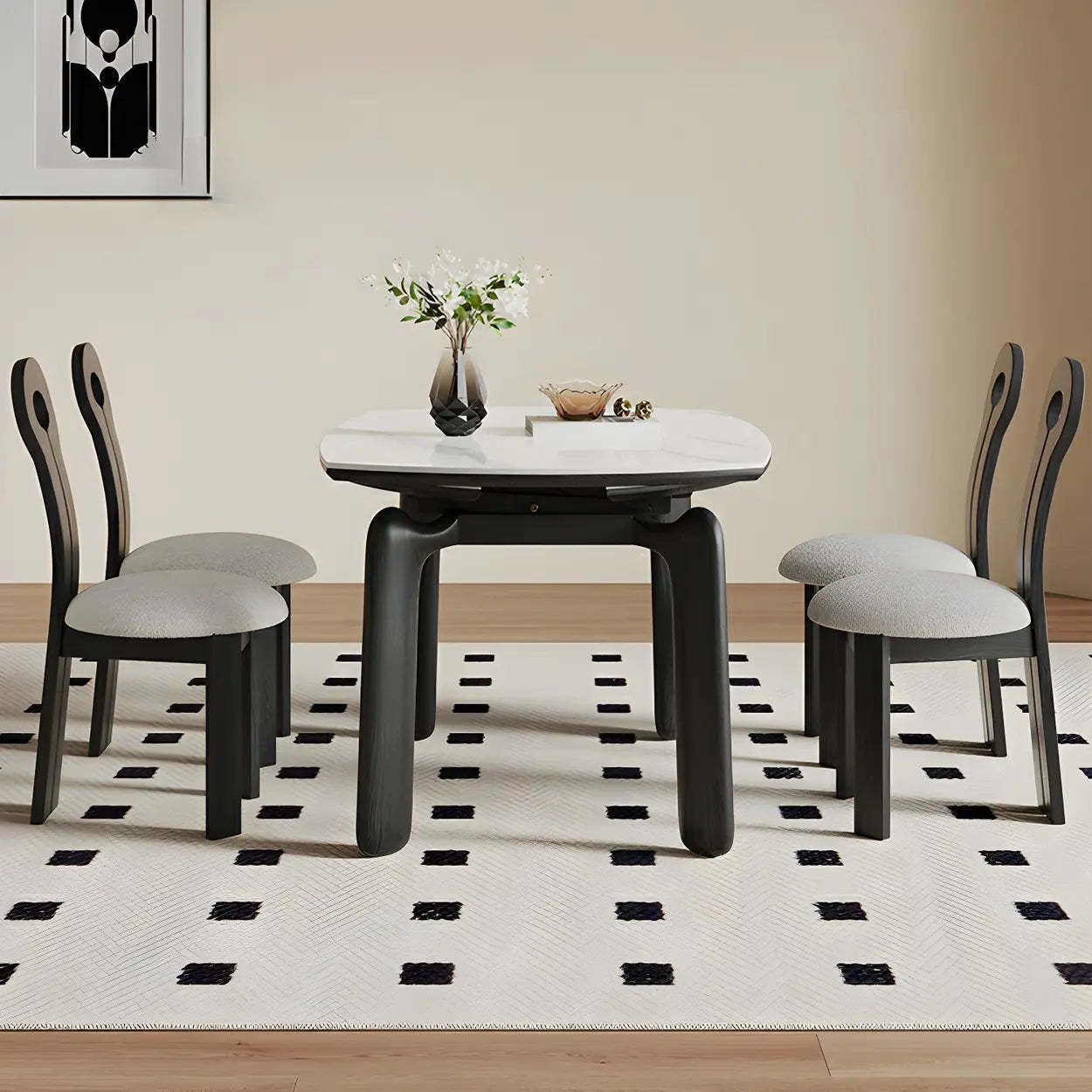 Modern Round Stone Black and White Extendable Dining Table — Table Only