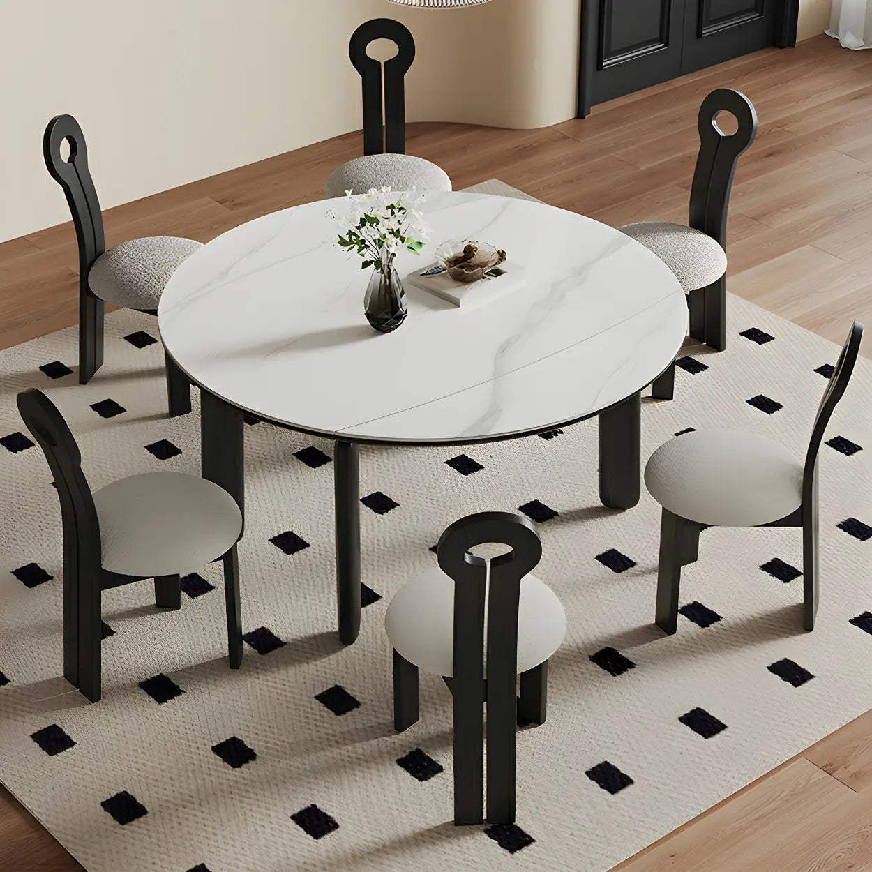 Modern Round Stone Black and White Extendable Dining Table