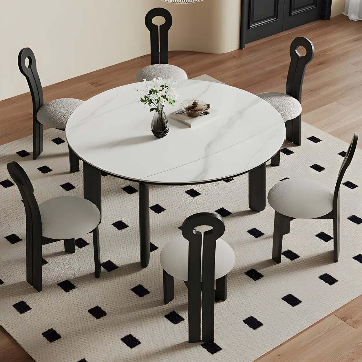 Modern Round Stone Black and White Extendable Dining Table