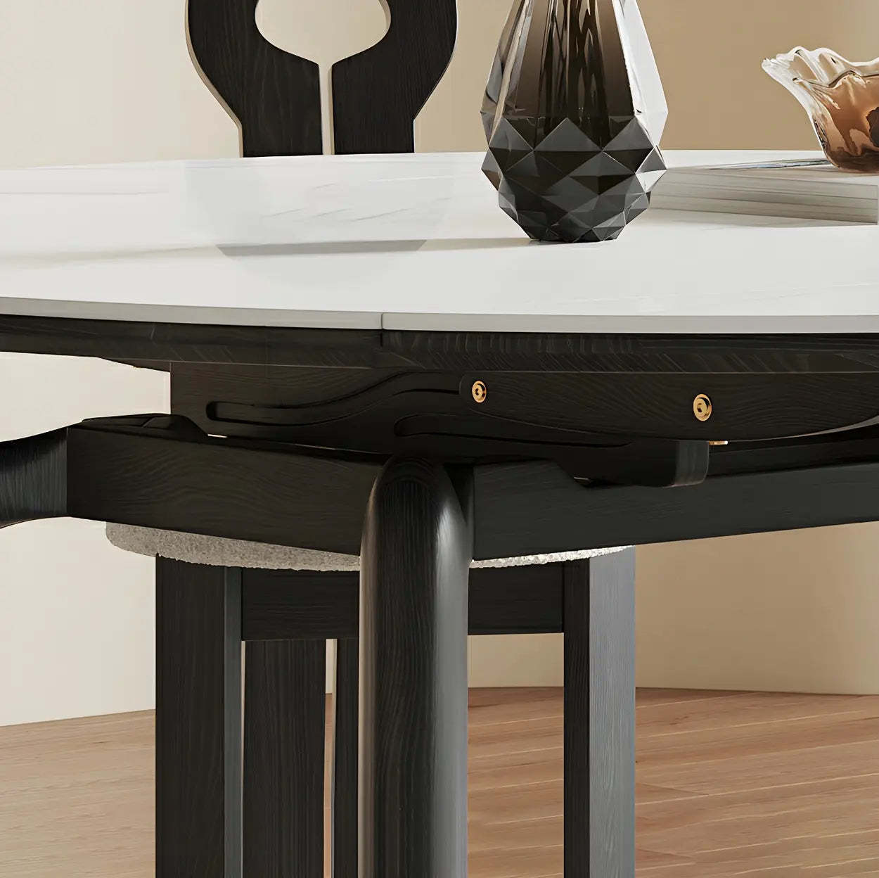 Modern Round Stone Black and White Extendable Dining Table