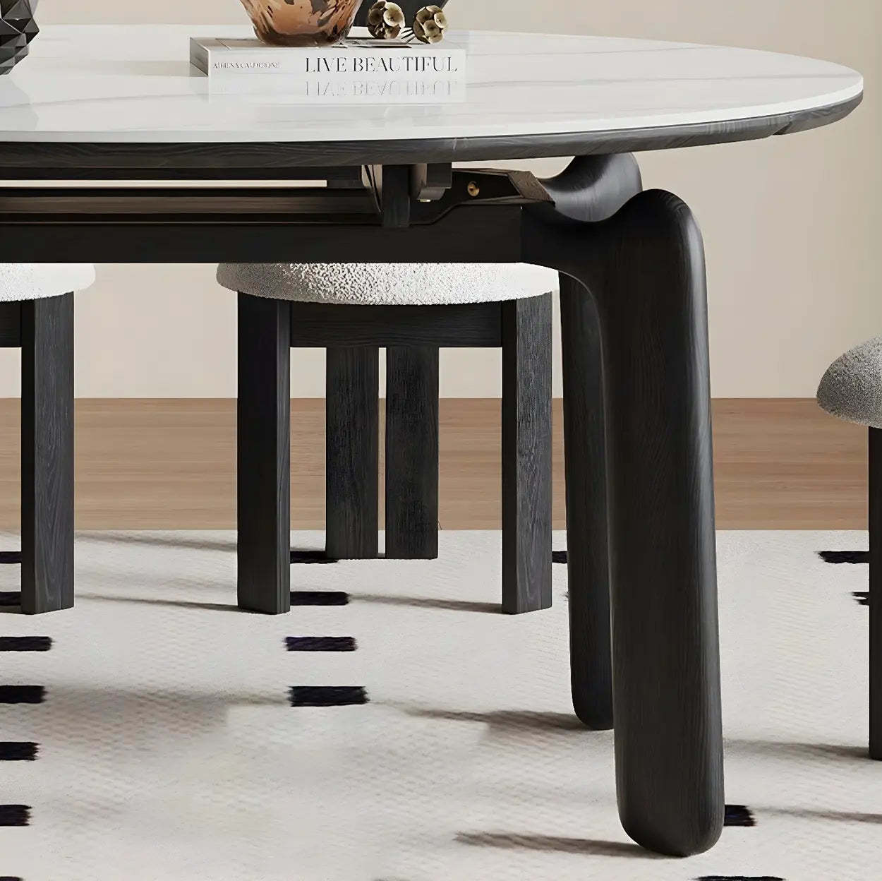 Modern Round Stone Black and White Extendable Dining Table