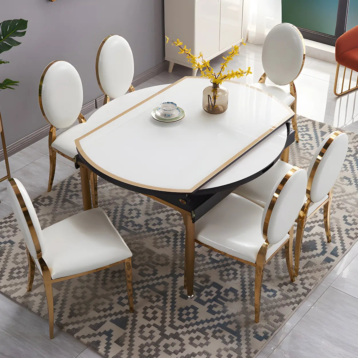 Modern Round White Glass Drop-Leaf Dining Table