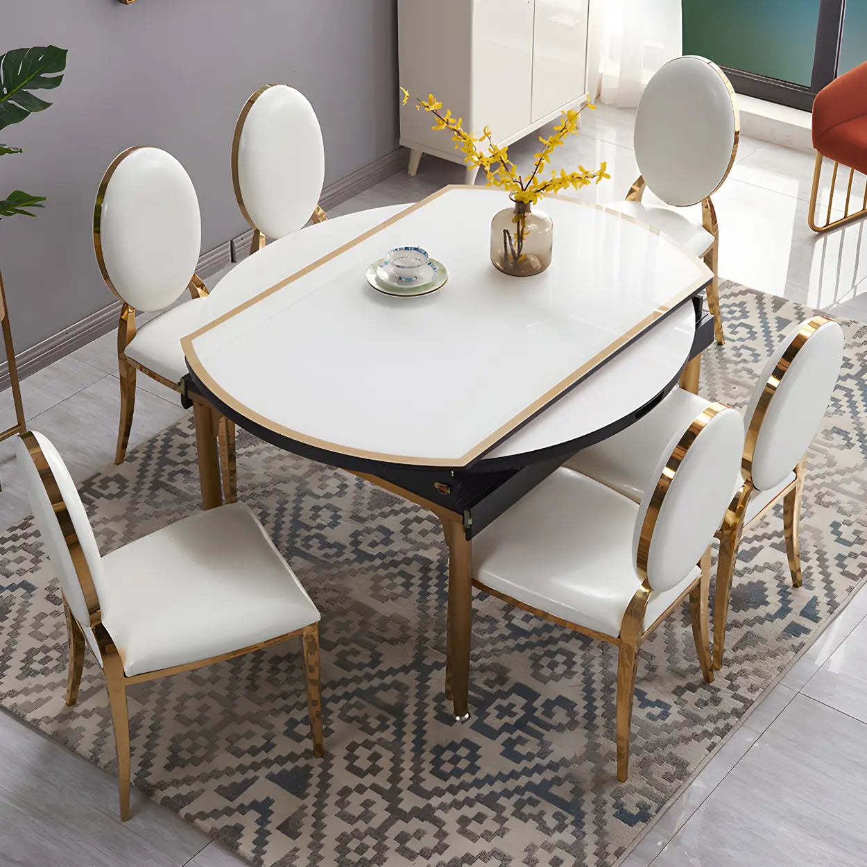 Modern Round White Glass Drop-Leaf Dining Table — Table Only