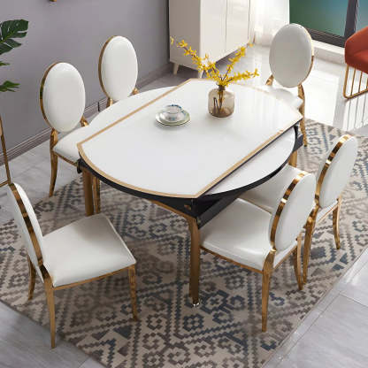 Modern Round White Glass Drop-Leaf Dining Table — Table Only