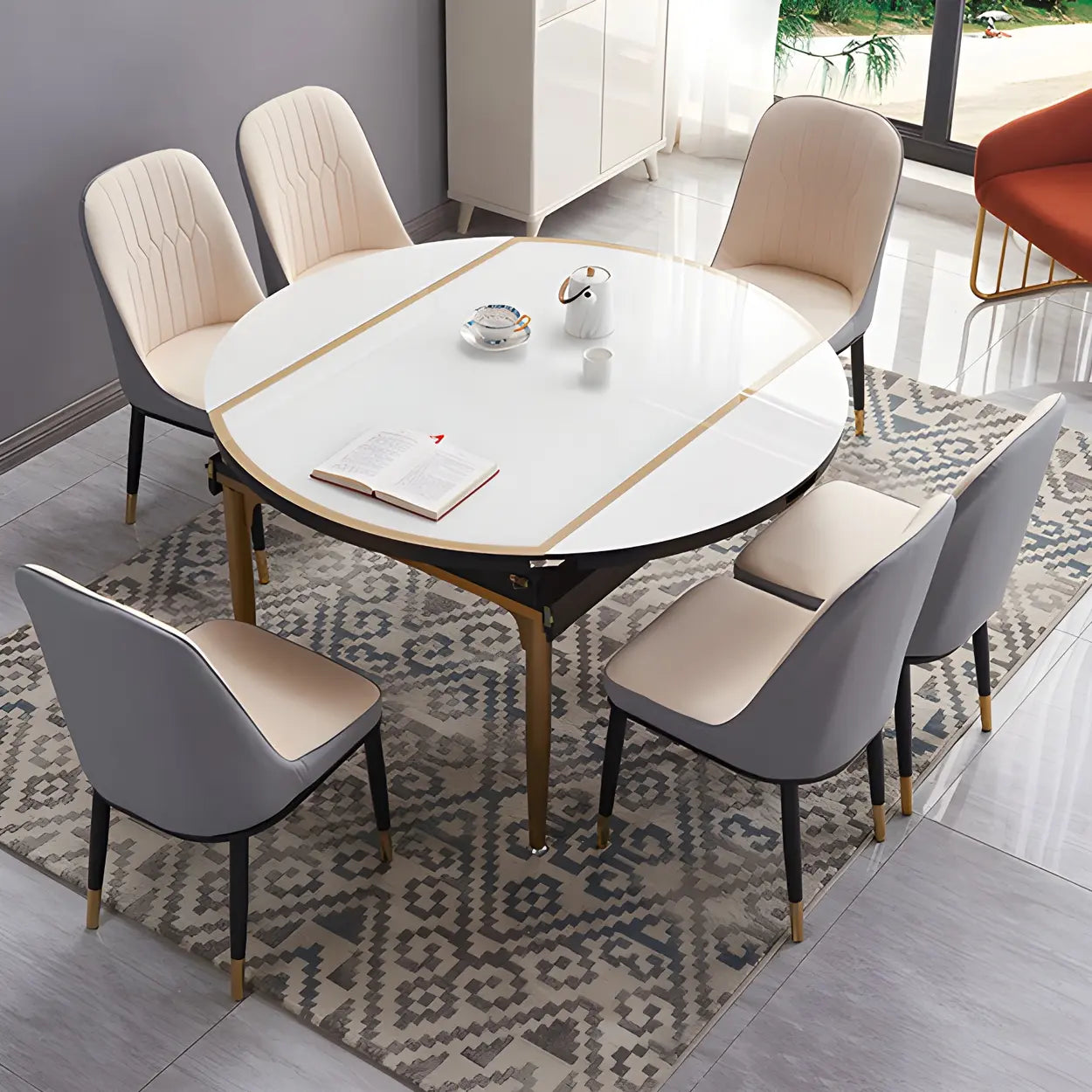 Modern Round White Glass Drop-Leaf Dining Table