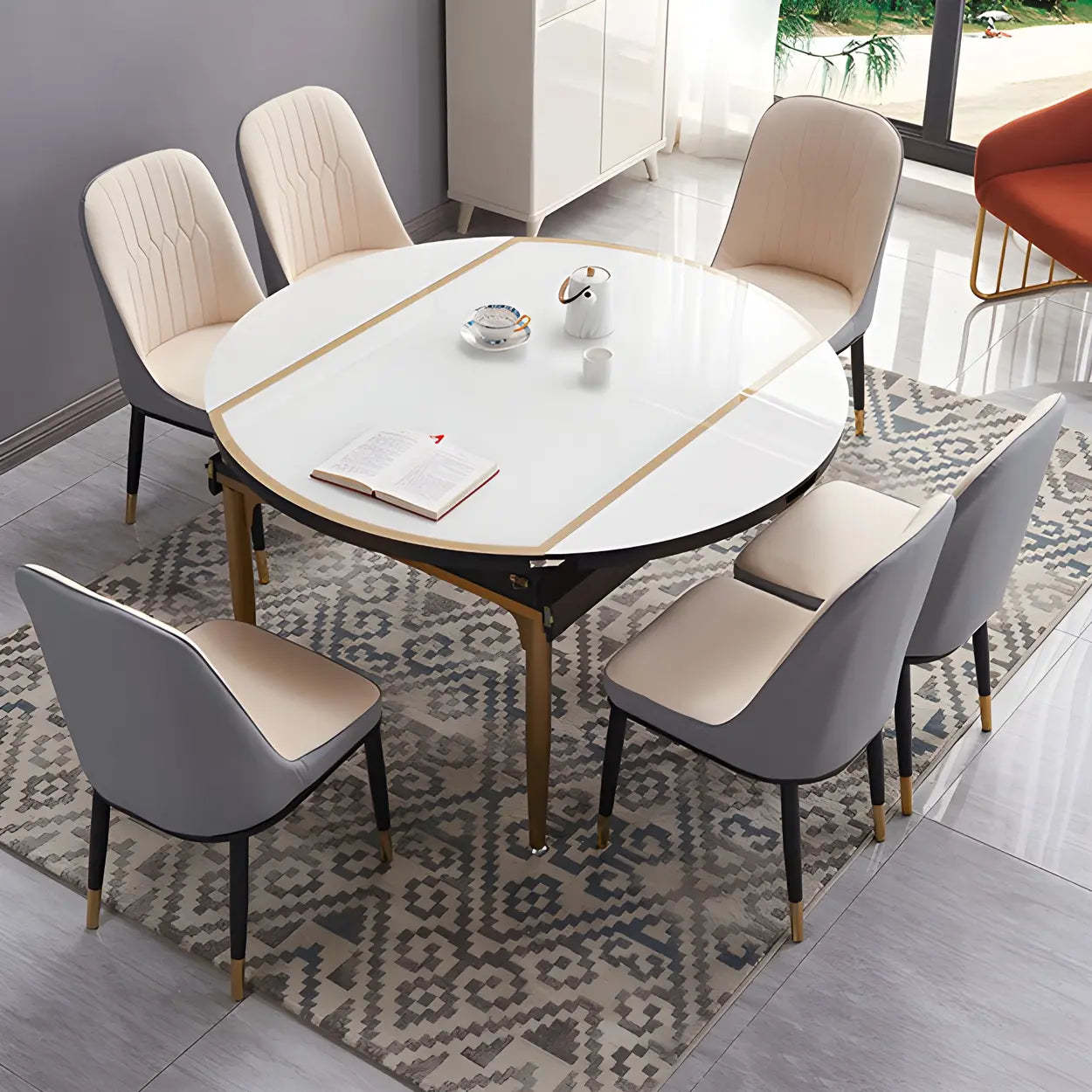 Modern Round White Glass Drop-Leaf Dining Table