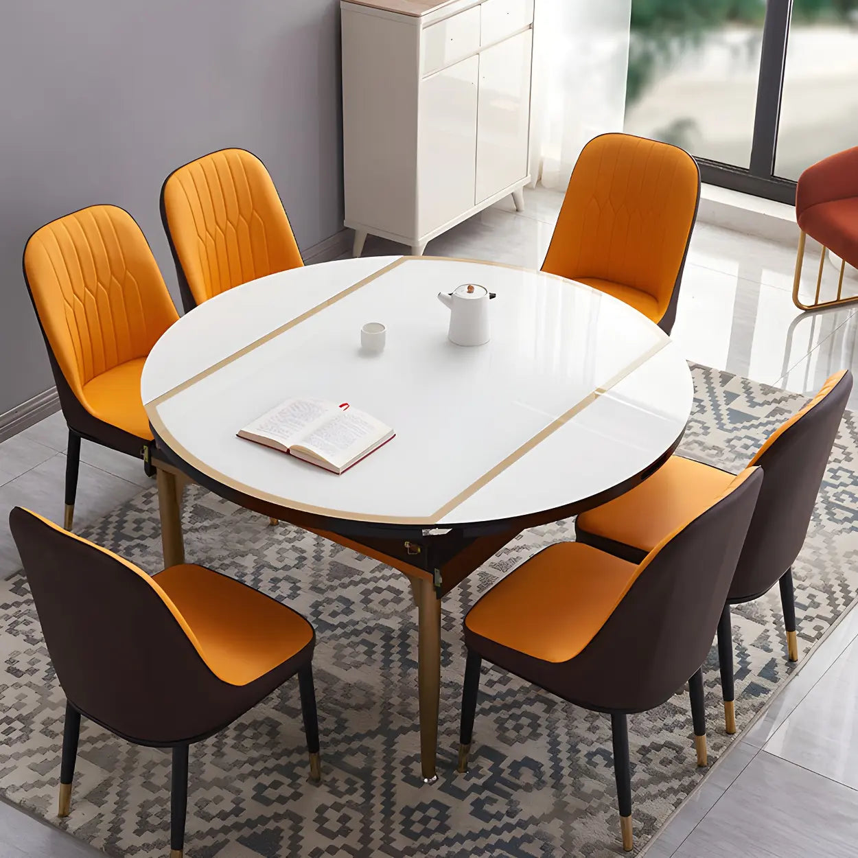 Modern Round White Glass Drop-Leaf Dining Table