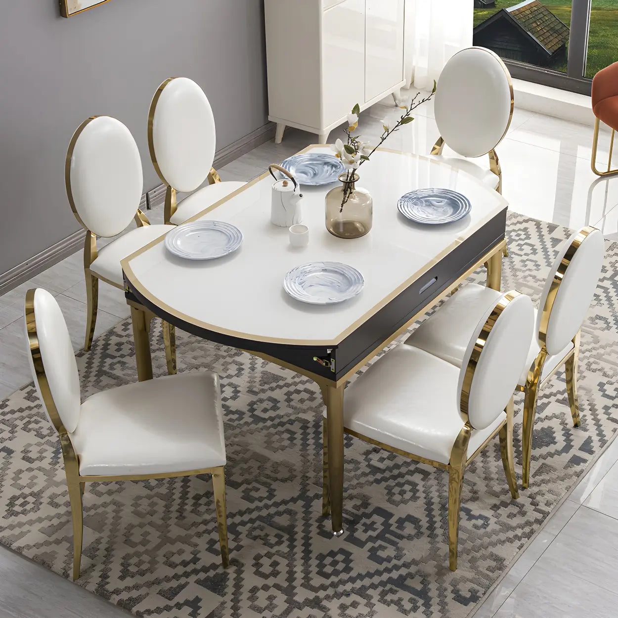 Modern Round White Glass Drop-Leaf Dining Table — Table Only