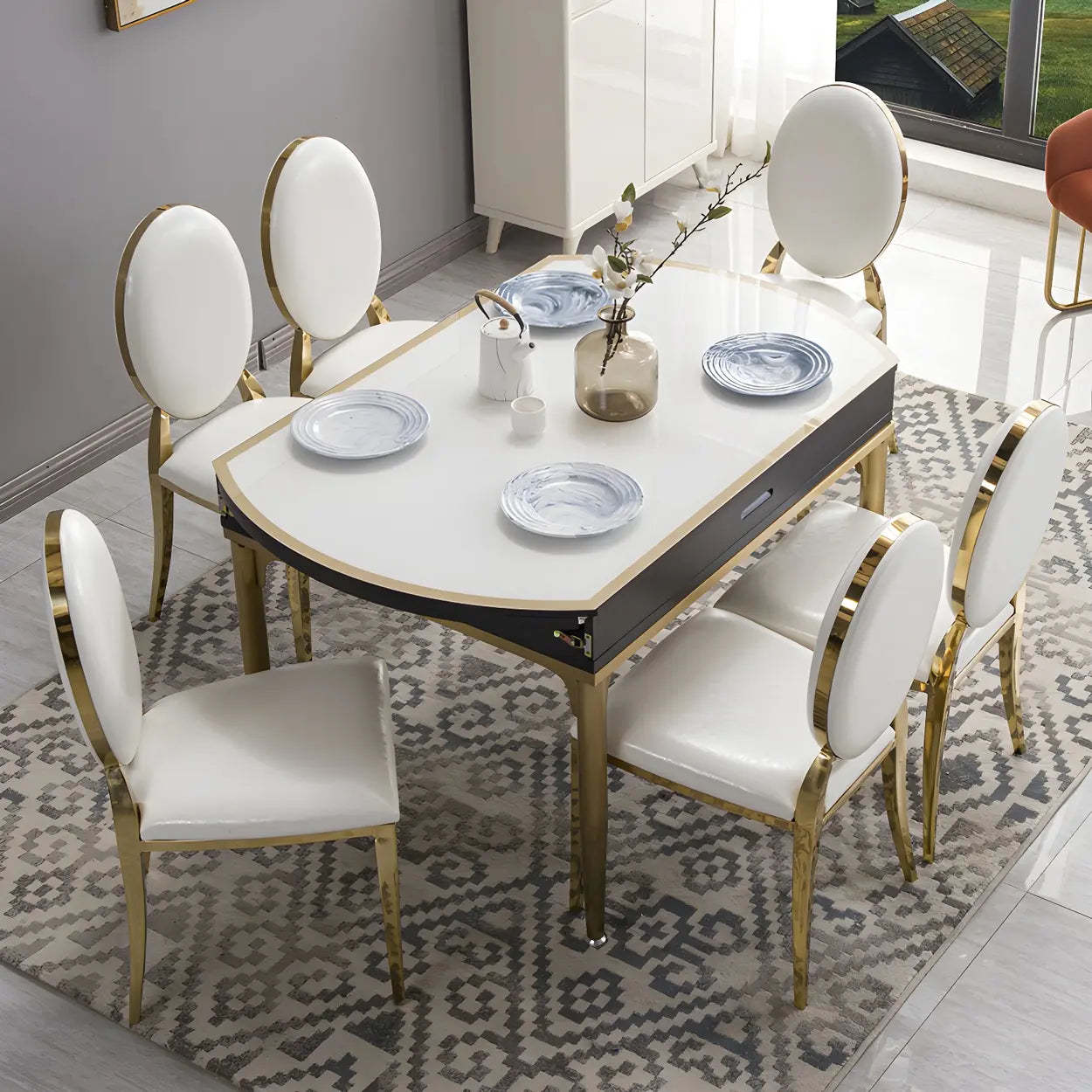 Modern Round White Glass Drop-Leaf Dining Table — Table Only
