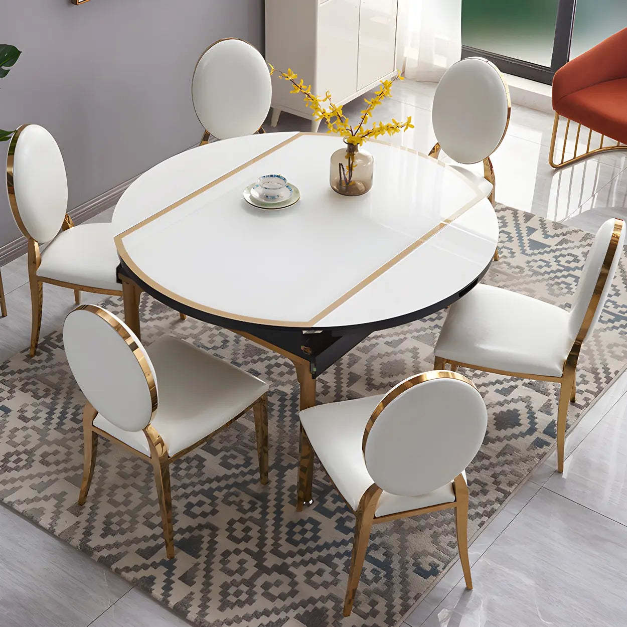 Modern Round White Glass Drop-Leaf Dining Table