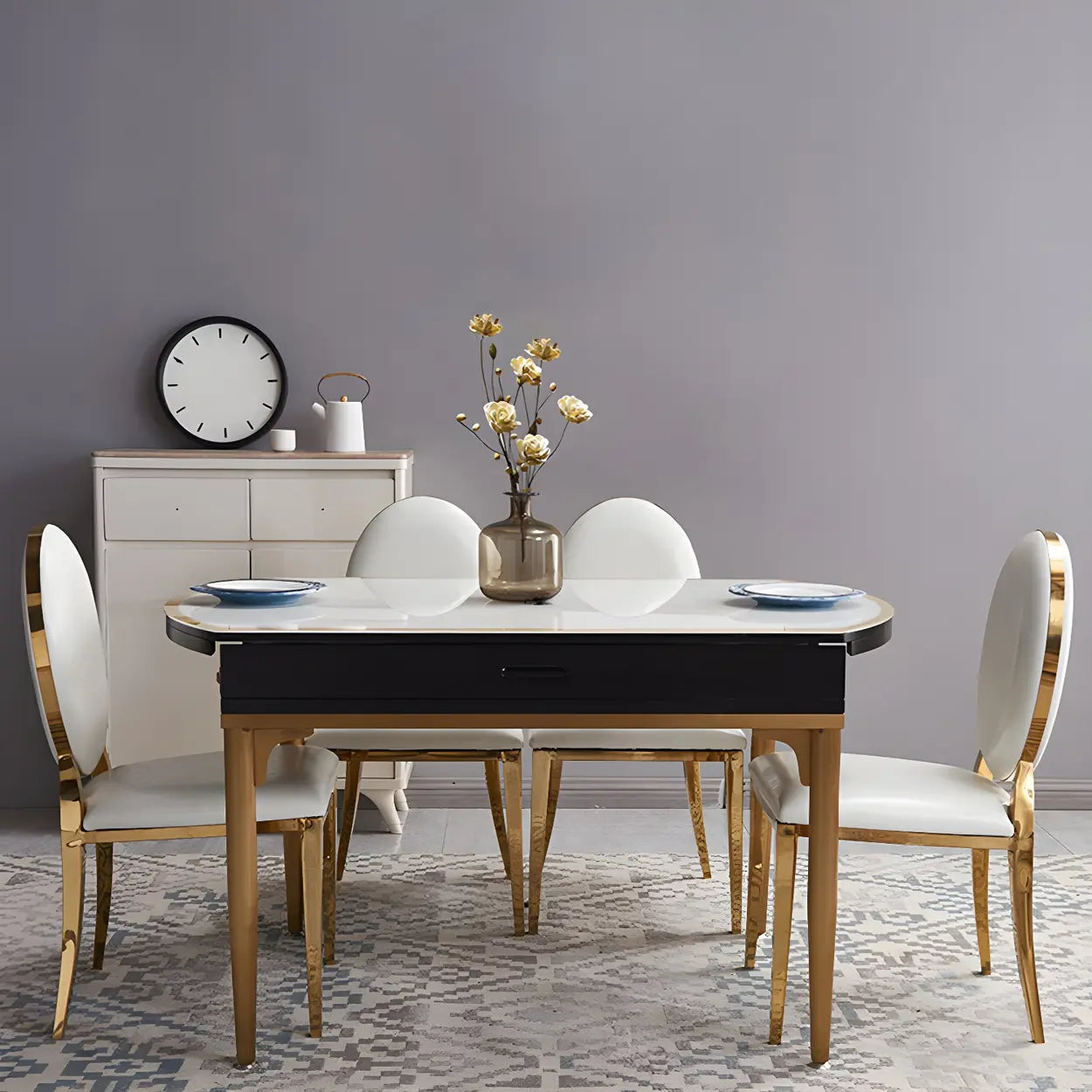 Modern Round White Glass Drop-Leaf Dining Table