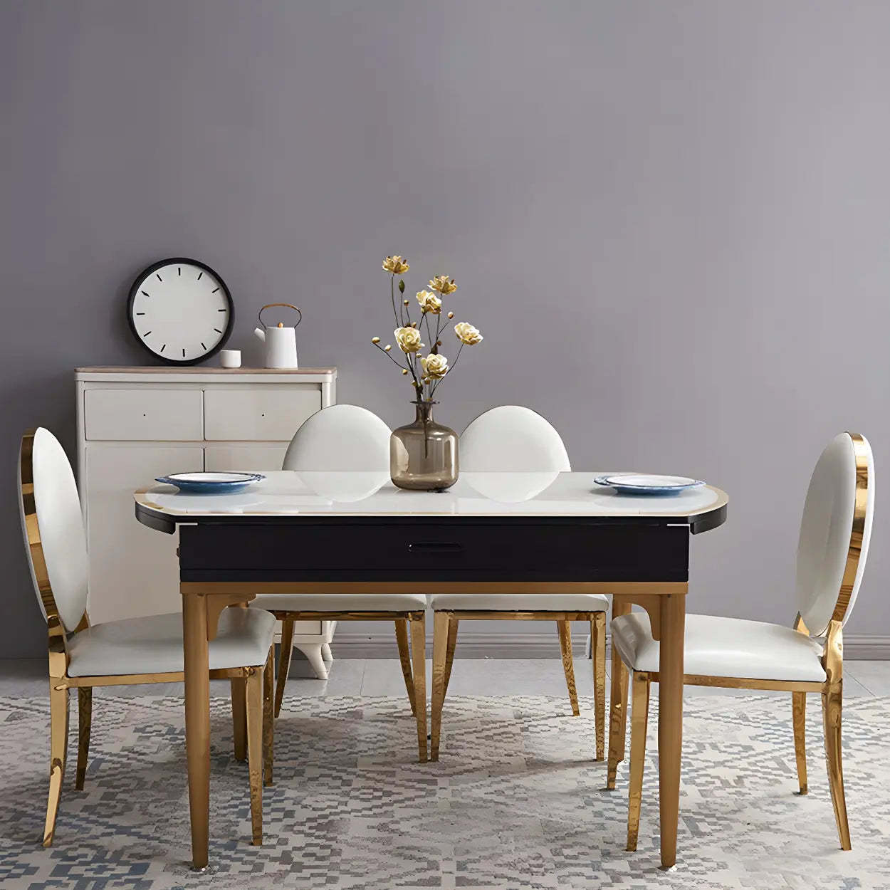 Modern Round White Glass Drop-Leaf Dining Table