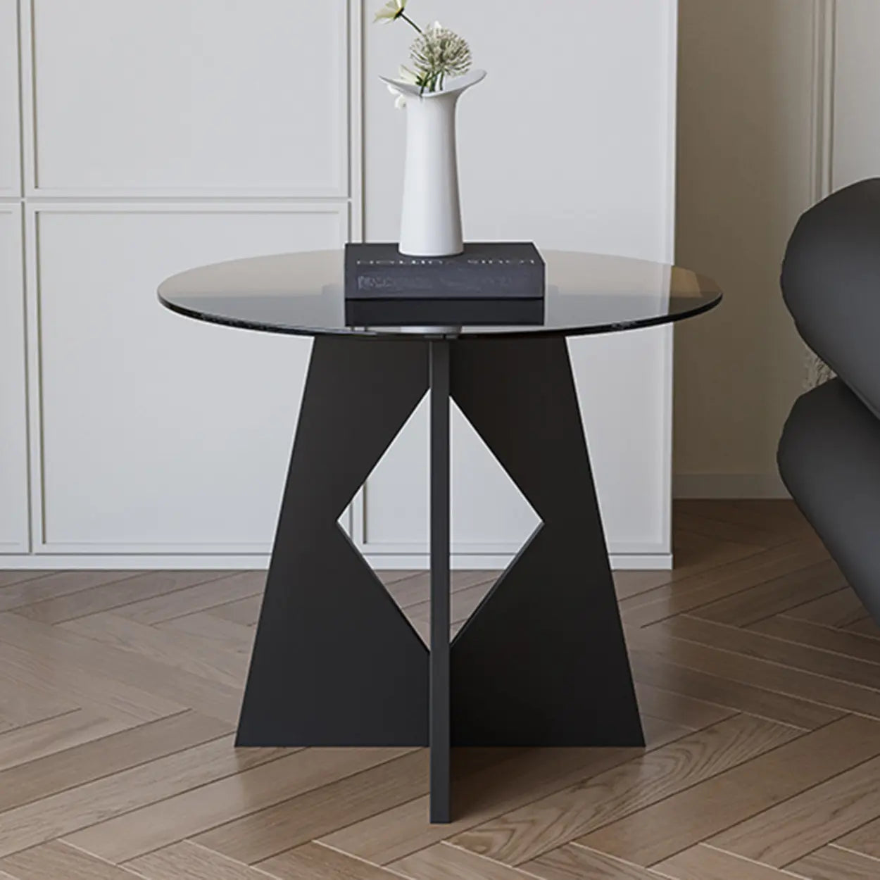 Modern Round Glass Side Table with Metal Base — Black