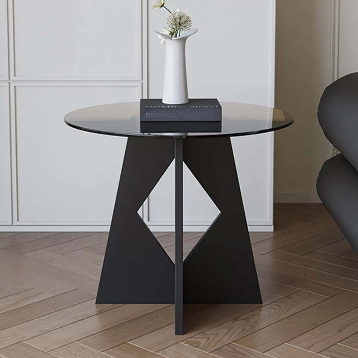 Modern Round Glass Side Table with Metal Base — Black