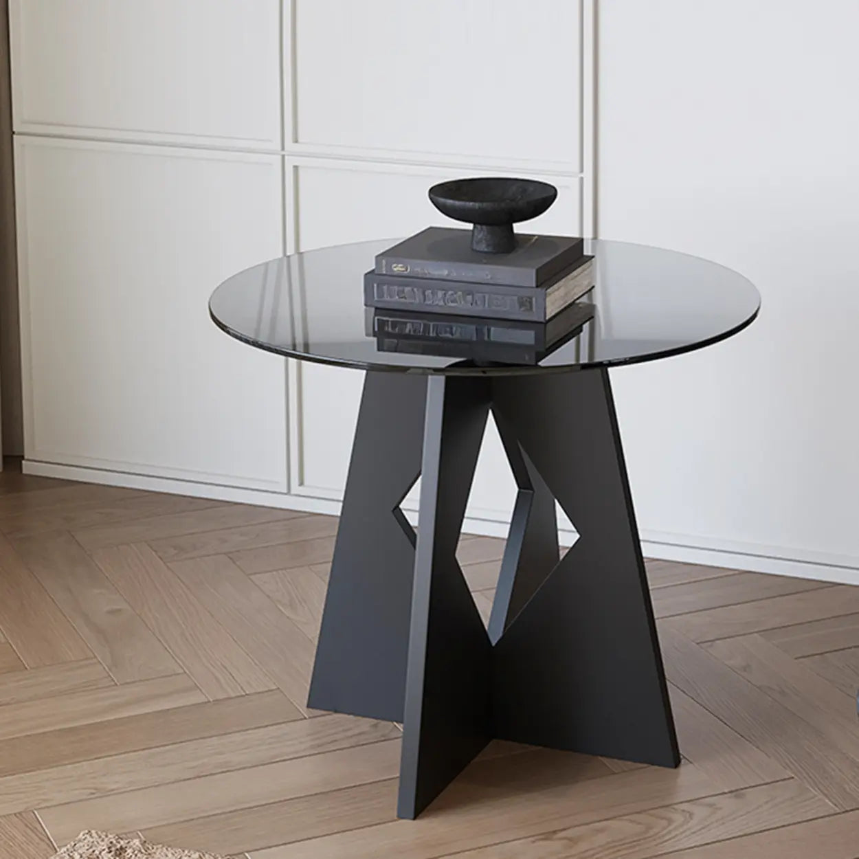 Modern Round Glass Side Table with Metal Base — Gray