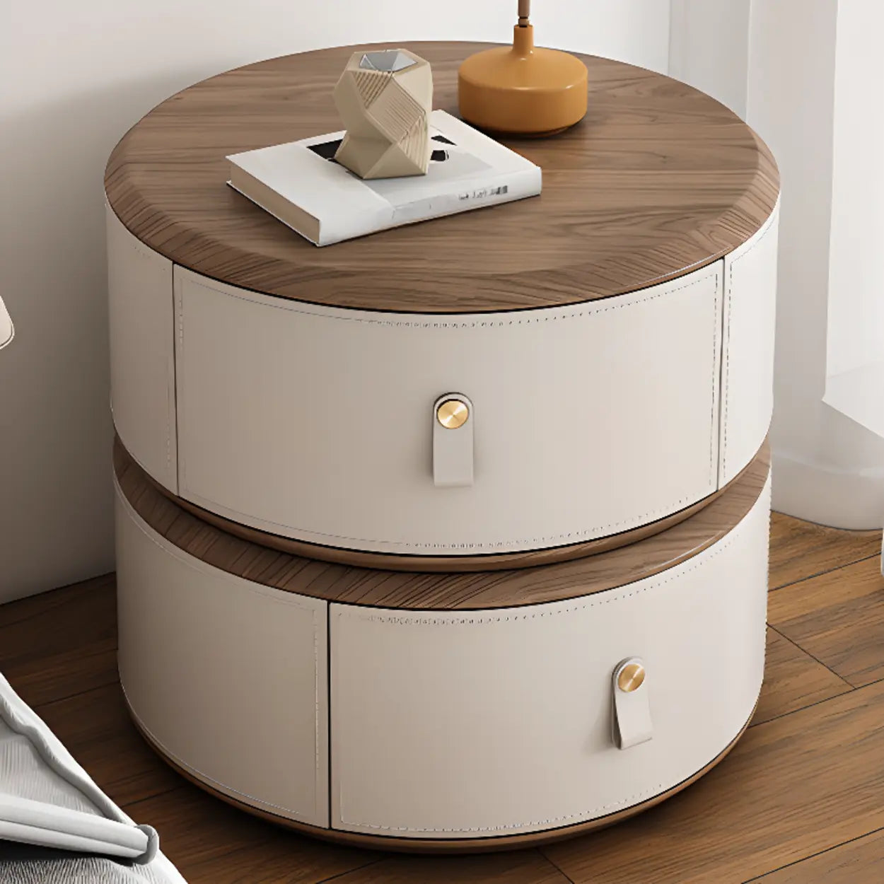 Modern Round Leather Nightstand with Wood Top — Black