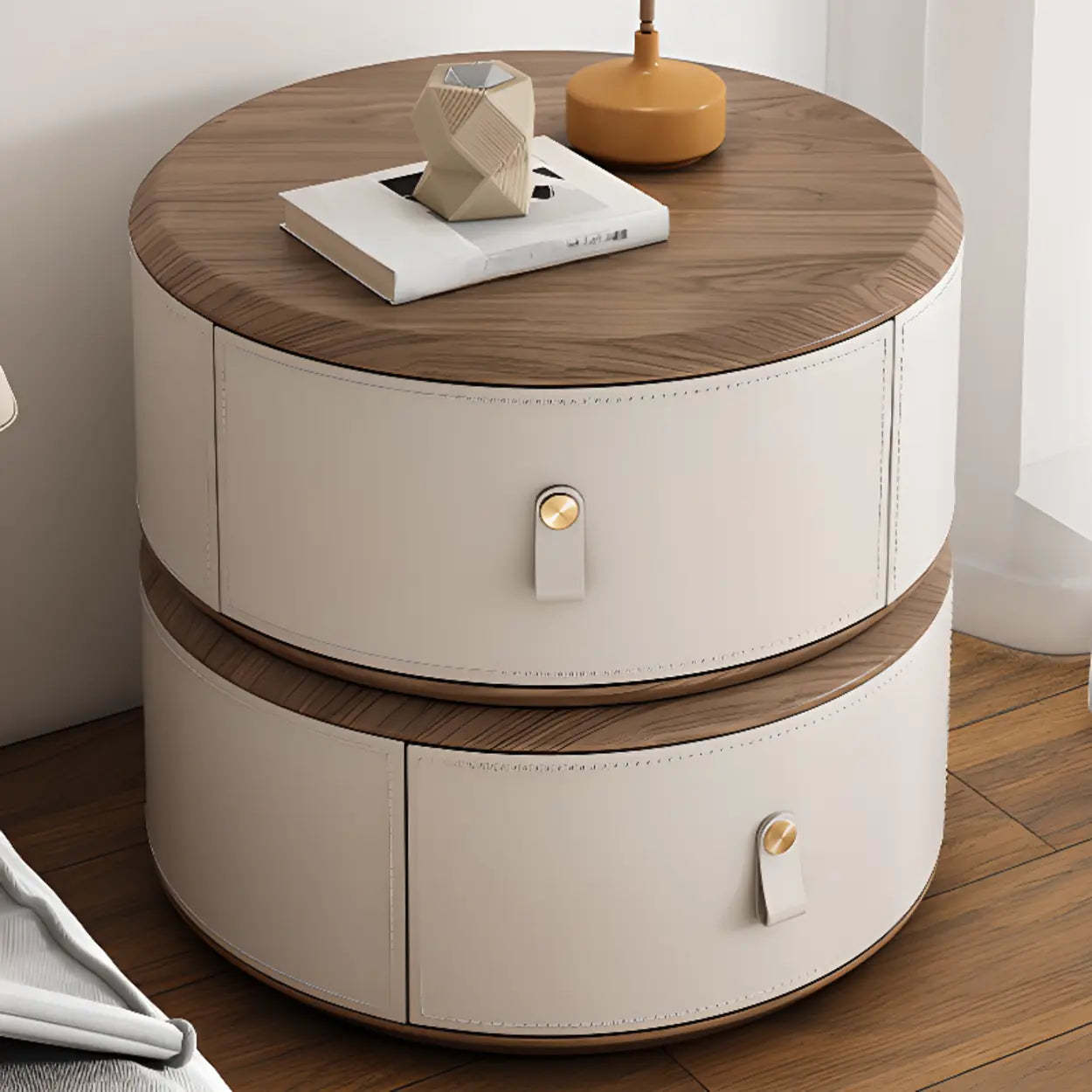 Modern Round Leather Nightstand with Wood Top — Black