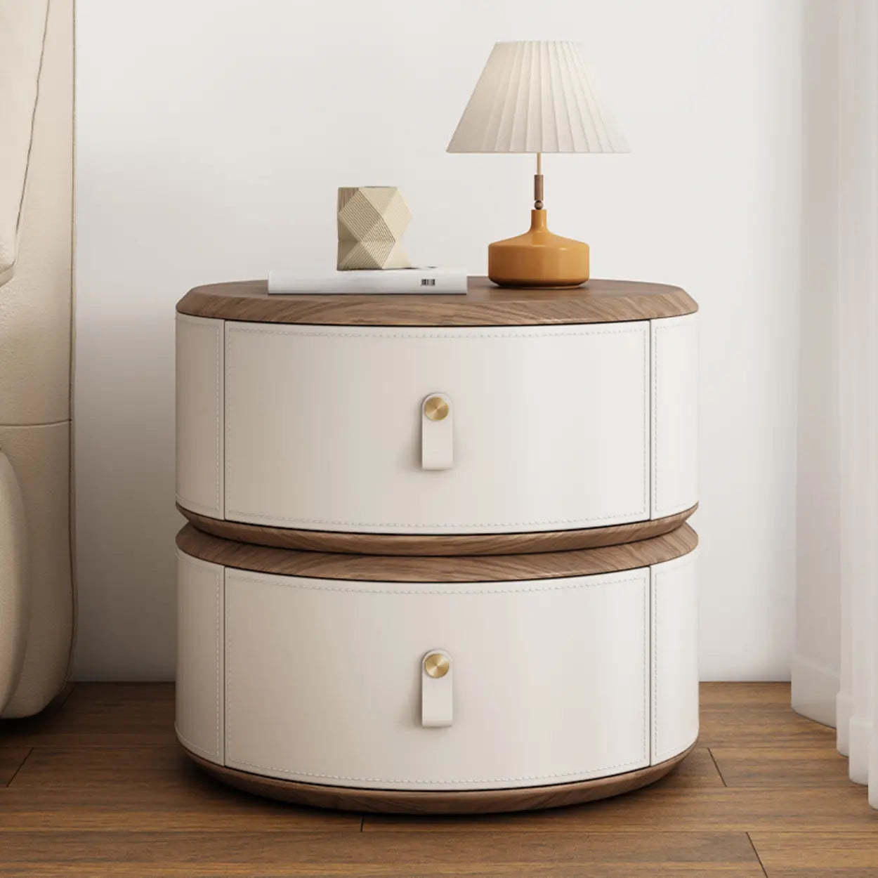 Modern Round Leather Nightstand with Wood Top — White