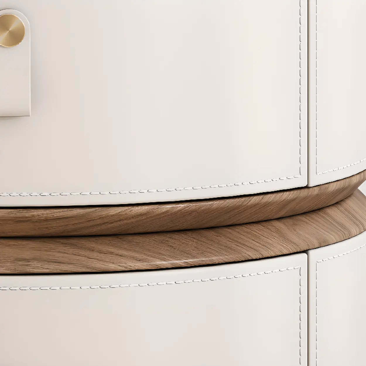 Modern Round Leather Nightstand with Wood Top — Off-White