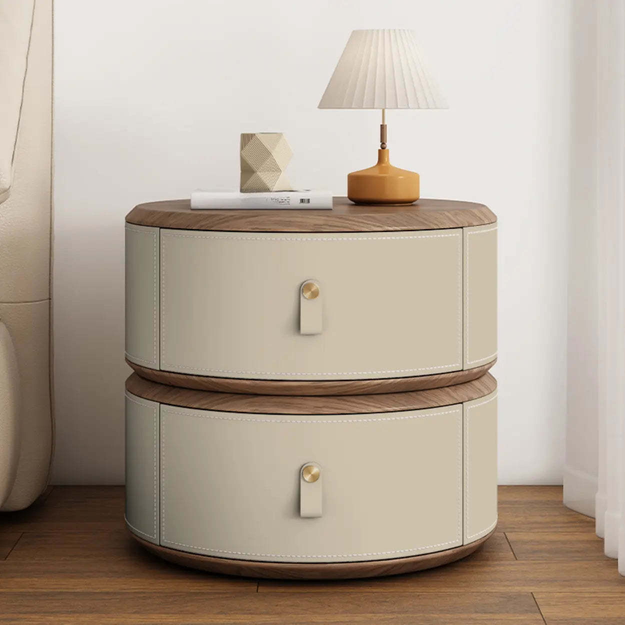 Modern Round Leather Nightstand with Wood Top — Milk Cocoa